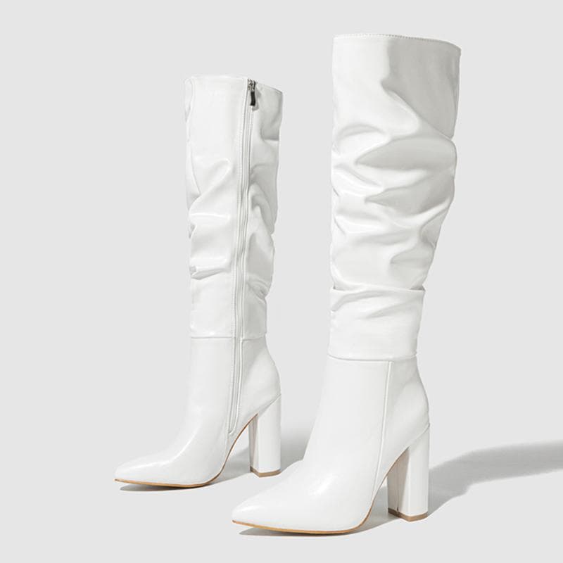 Liyke Winter Street Fashion Pleated Leather Pink Knee High Boots Women Sexy Long Zip Pointed Toe Square Heels Stripper Shoes 42 white