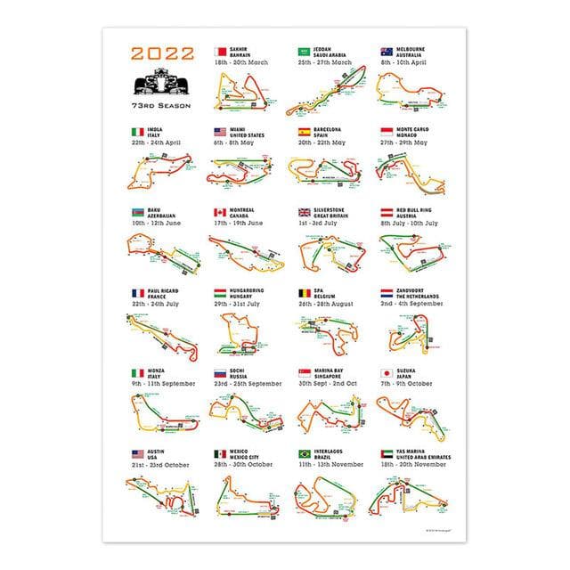 2022 Formula Grand Schedule Map Canvas Painting F1 Racing Car Prix Track Calendar Poster And Print Living Room Home Decoration 50cm×100cm NoFrame