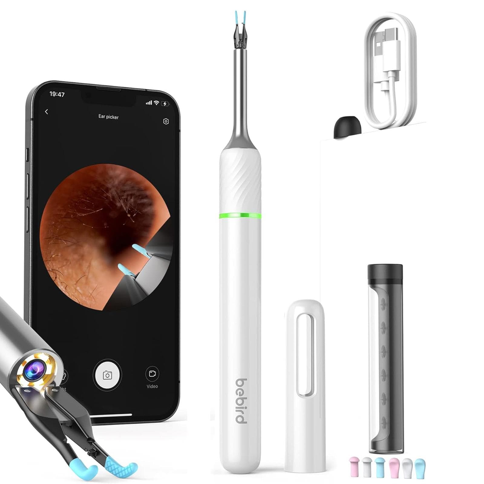 Visual Ear Scoop Endoscopic Ear Pickers Earwax Remover Tool Spoon with Tweezers Cleaning Tool For 0 white