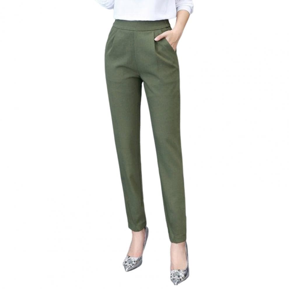 Soft Trousers Elegant Women's High Waist Slim Fit Pants with Pockets for Office Lady Style Solid Color Casual Commuting Trousers XXL green