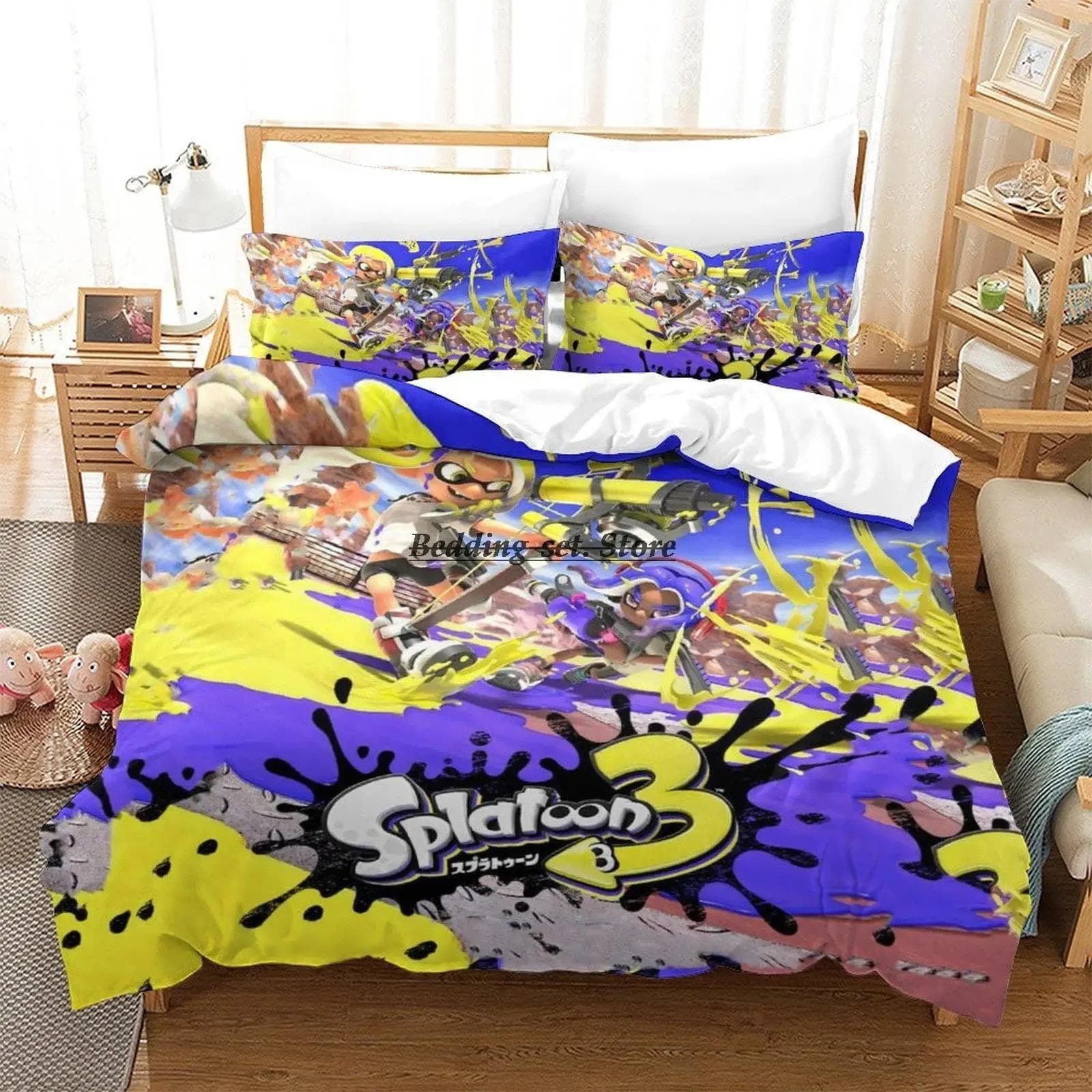 Splatoon 3 Inkling Squid Bedding Set Single Twin Full Queen King Size Bed Set Aldult Kid Bedroom Duvetcover Sets Bed Sheet Set 70x133cm 2pcs