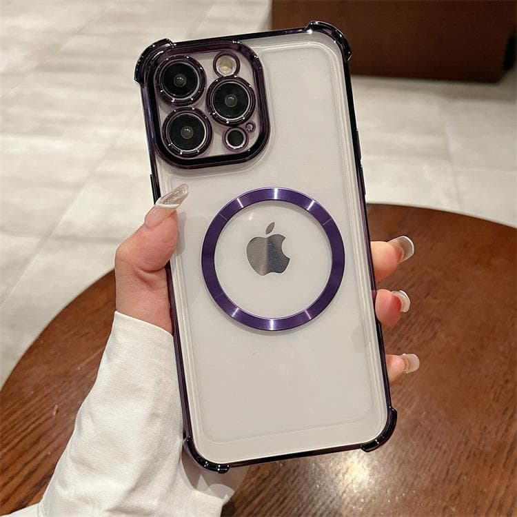 Applicable To Apple 16PRO Four-corner Anti-fall Electroplating Mobile Phone Case Iphone11/13 Solid Color CD Pattern Magnetic Suction Protective Case Apple 16PROMAX purple