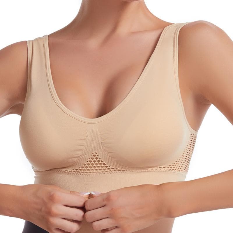 No steel ring hollow mesh ventilation hole sports bra shockproof yoga running large size underwear women's sports bra L nude