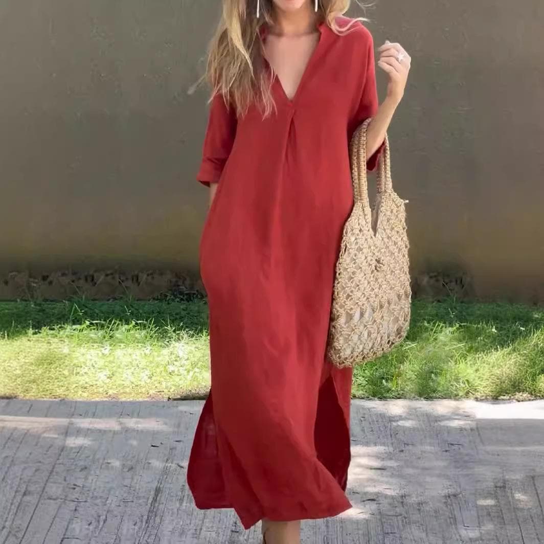Cotton and Linen Women's Summer Slit V-neck 7-point Sleeve Pleated Dress on Both Sides XXXL red