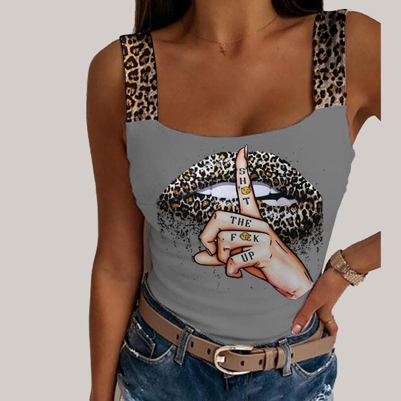 Sexy Tank Tops Women's Leopard Lips Print Sleeveless Crop Tops Fashion Party Club Summer Sleeveless Streetwear Bustier Tops XXXL grey