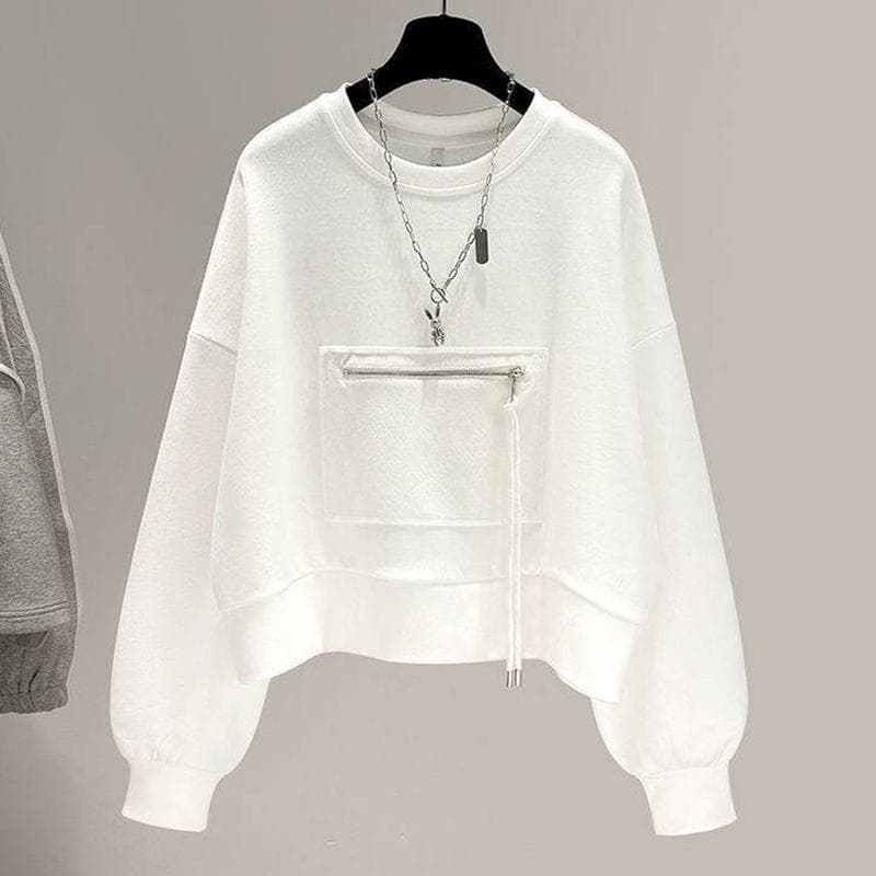 Short Round Neck Sweatshirt Women Loose Zipper Pocket Pullover Long Sleeve Top XL white
