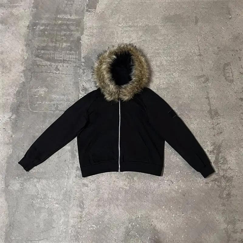 Y2K Zip up hoodie Faux Fur Collar Harajuku Rock Goth Top Retro Punk Loose Jacket Hip Hop Streetwear Zipper Hoodie Sweatshirt XXL black/brown