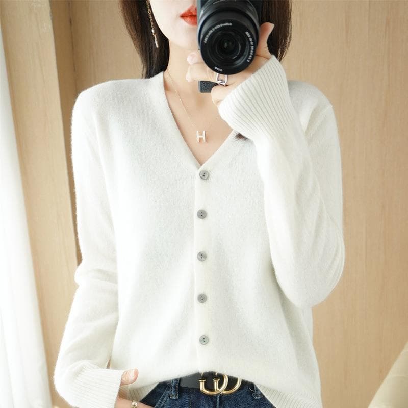 Women Cardigans Autumn Winter Single Breasted Knitwears Long Sleeve V-neck Knit Cardigan Korean Fashion Spring Casual Sweater S white