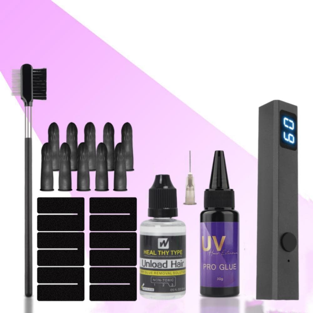 UV Hair Extension Set - Complete Kit with UV Lamp, Glue, Remover & Accessories,Super Fast Remover with Invisible Extension A set