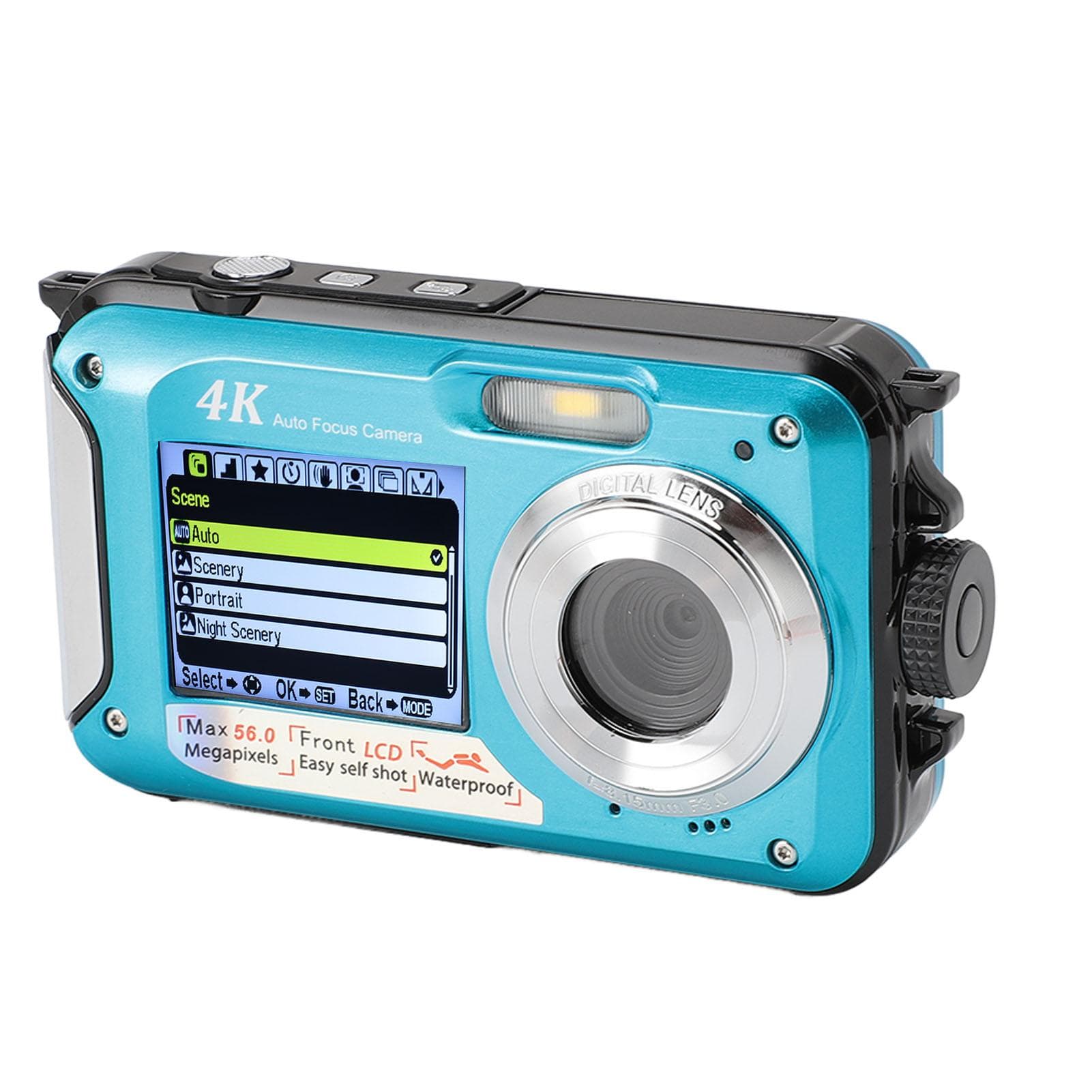 4K 56MP Camera Dual Screen 10ft Waterproof 16X Digital Zoom Auto Focus 64G Memory Card HD Underwear blue
