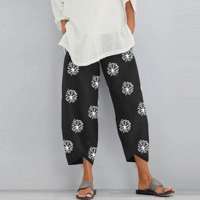 Women Vintage Harem Pants Floral Print Elastic Waist Plus Size Loose Trousers Cotton Linen Wide Leg Pant Loose Summer Pants S black