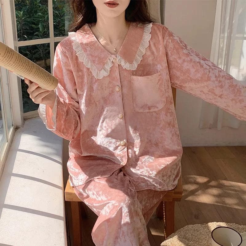 Women Sleepwear Trouser Suit Velour Loungewear Sweet White Lace Velvet Pajamas Set Autumn Winter Pyjama Loose Homewear Lingerie 2XL