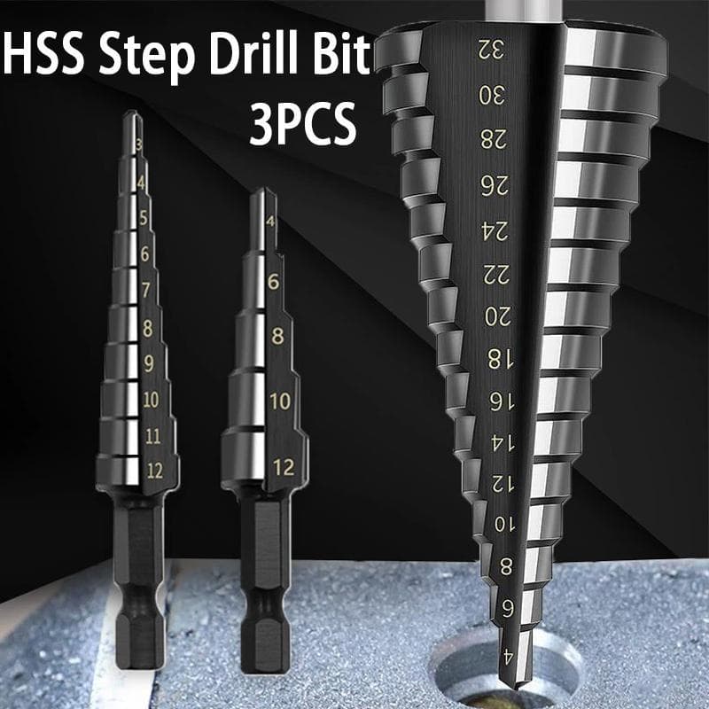 3Pcs Hexagonal Handle Nitrided Black Straight Groove Ladder Drill 3-12 4-12 4-20 High-speed Steel Pagoda Drills Hole Opener Set black
