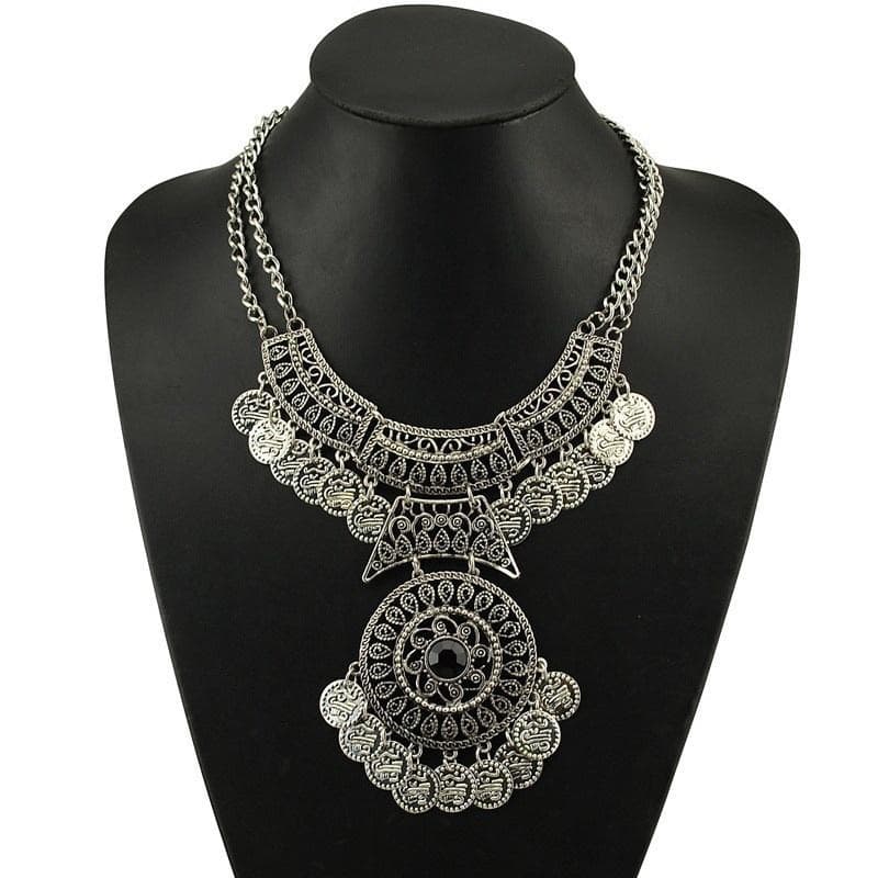 Women Bohemian Festival Jewelry Double Chain Coin Statement Punk Rock Style Indian Ethnic Necklace silver