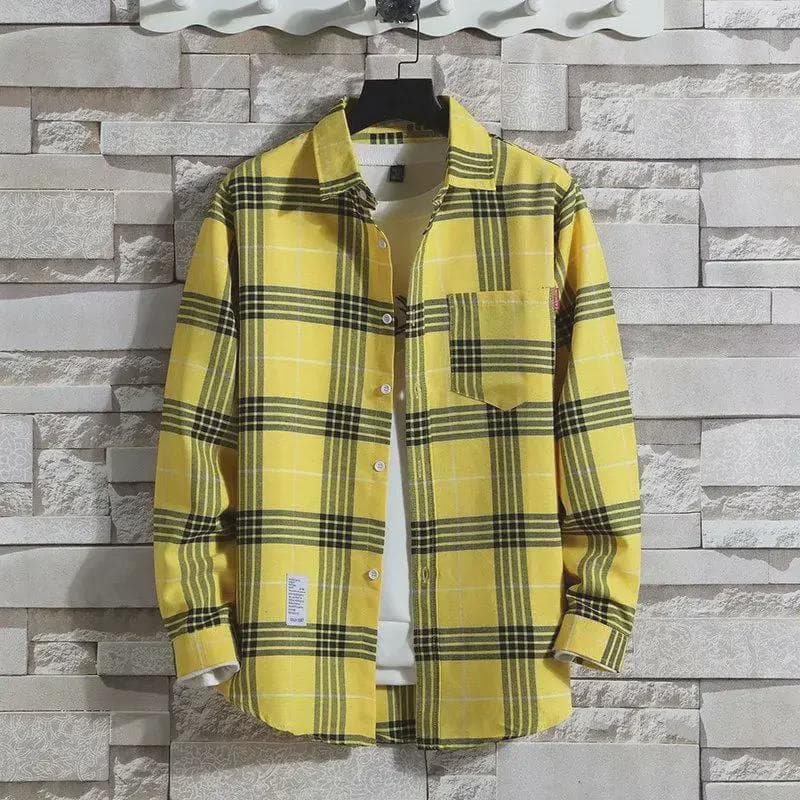 Plaid Men's Long-Sleeve Shirt - Trendy Korean Hong Kong Style L