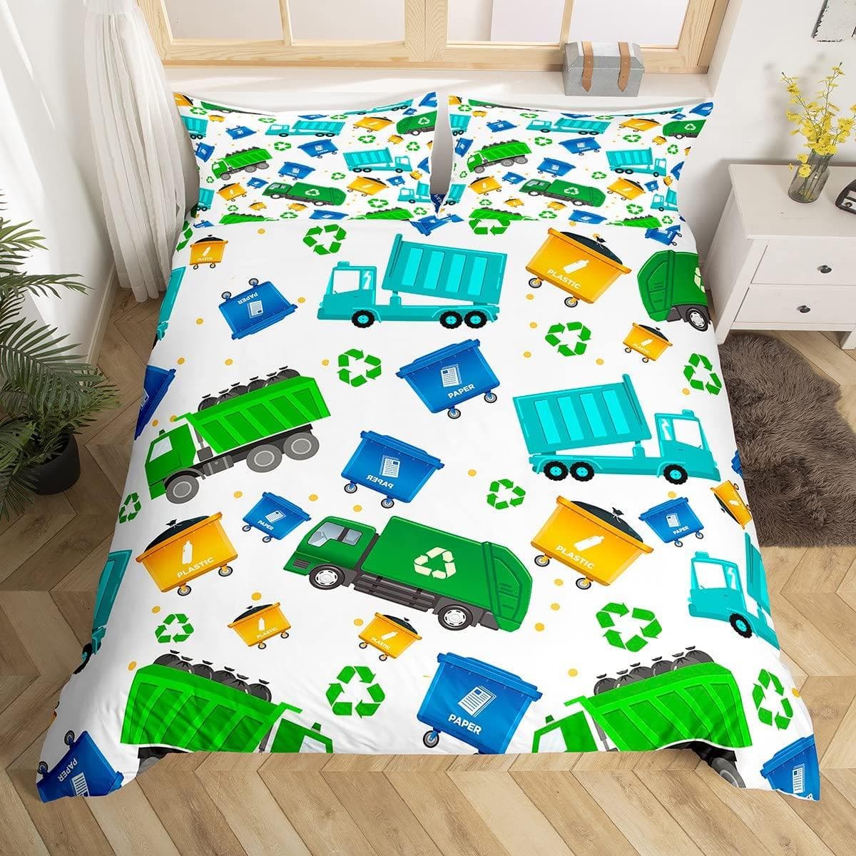 Kids Boys Green Garbage Truck King Queen Duvet Cover Trash Truck Comforter Cover Vehicle Car Bedding Set Polyester Quilt Cover 70x133cm 2pcs