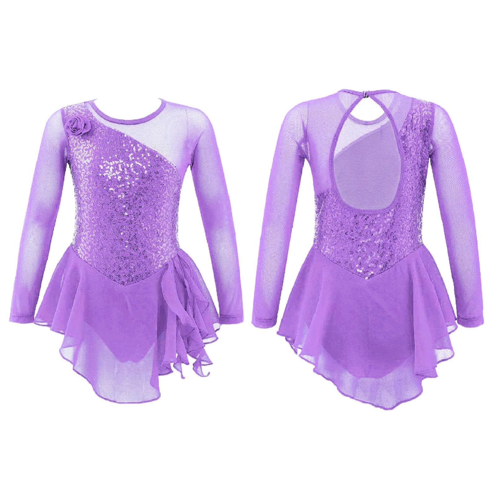 Figure Skating Dress for Children Ice Skating Competition Clothing Girls Ballet Dance Gymnastics Dresses 7-8 Years light purple