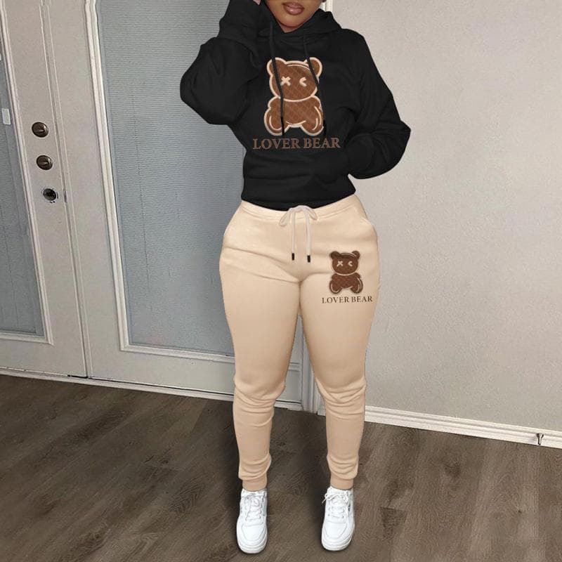 New Ladies Sweater European and American Fleece Sports Suit Bear Print Two-piece Set S
