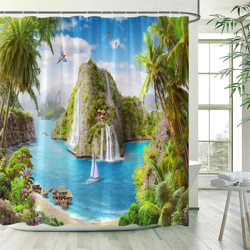 Ocean Landscape Shower Curtain Beach Palm Trees Parrots Dolphins Sea Waves Nature Scenery Bath Curtains Fabric Bathroom Decor W120xH180cm