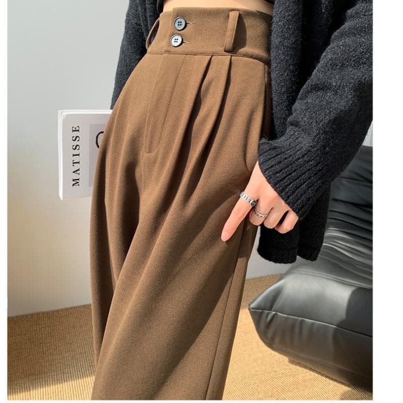 Thickened Wool Wide-leg Pants for Women In Autumn and Winter High-waisted Brown Suit Pants High-end Draped Loose Casual Trousers M