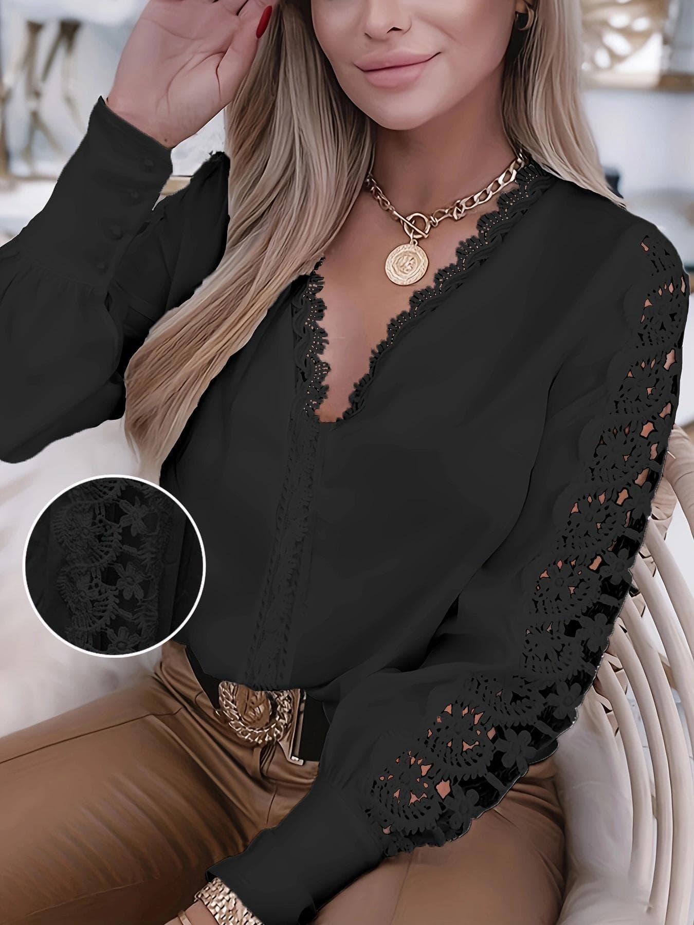 2021 Trendy Women's V-Neck Lace Splicing Shirt for Autumn and Winter Extra Large black