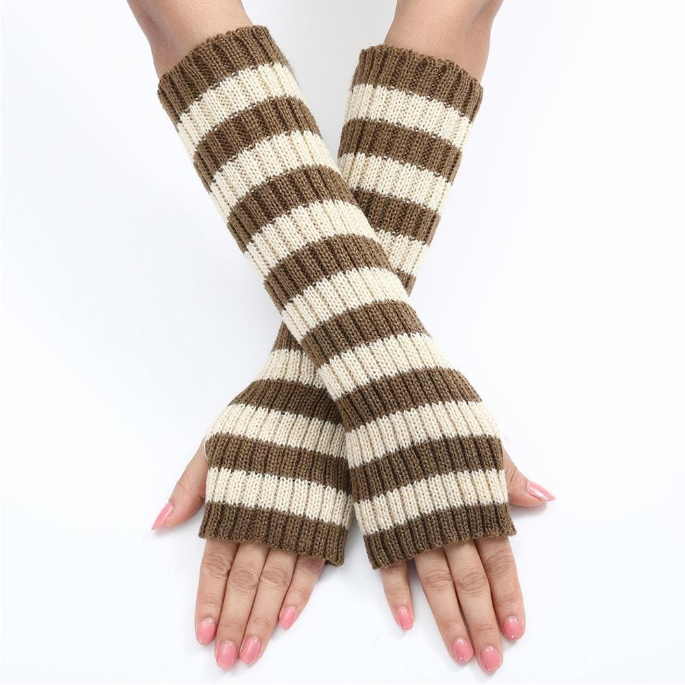Women's Knitted Fingerless Arm Sleeves Gothic Style Striped Winter Long Arm Warmers Harajuku Wrist Gloves beige