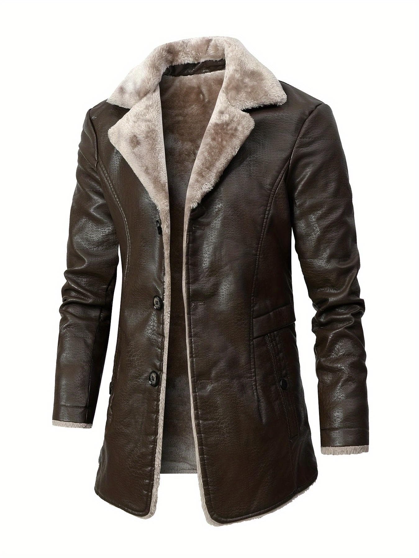 Men's Casual Warm Fleece Lined PU Leather Jacket, Chic Button Up Overcoat - Soft Fleece Lining, PU Leather - for Fall/Winter - Stylish & Comfortable XXXL dark brown