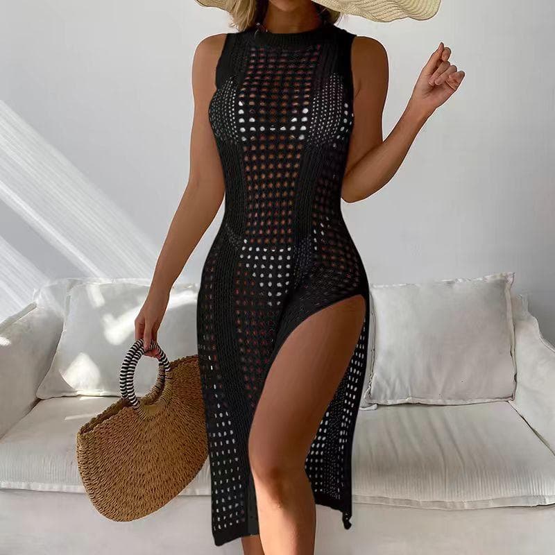 Vacation sexy solid color Hollowing out round neck sleeveless dresses breathable knitted long high slit dress beach sun protection cover up one size black