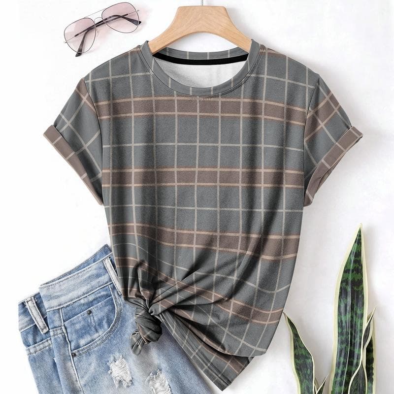 Striped Casual Sports Women's T-shirt Summer Round Neck Short Sleeved Element Pattern Checkered Loose Fit T-shirts 3XL