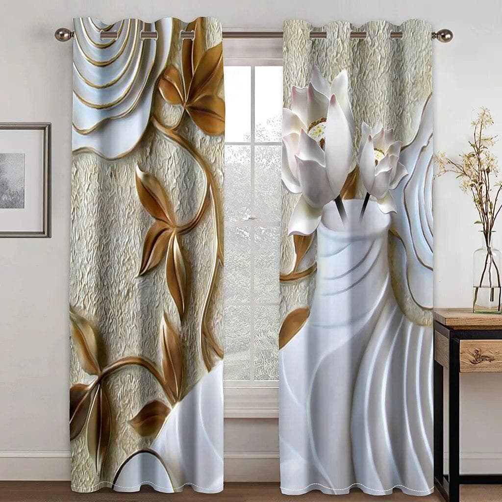3D Flower Curtains For Living Room Bedroom Kitchen Black And White Vortex Three-dimensional Luxury Curtain For Windows Drapes W100xH220(CM)x2PCS-Grommet Top