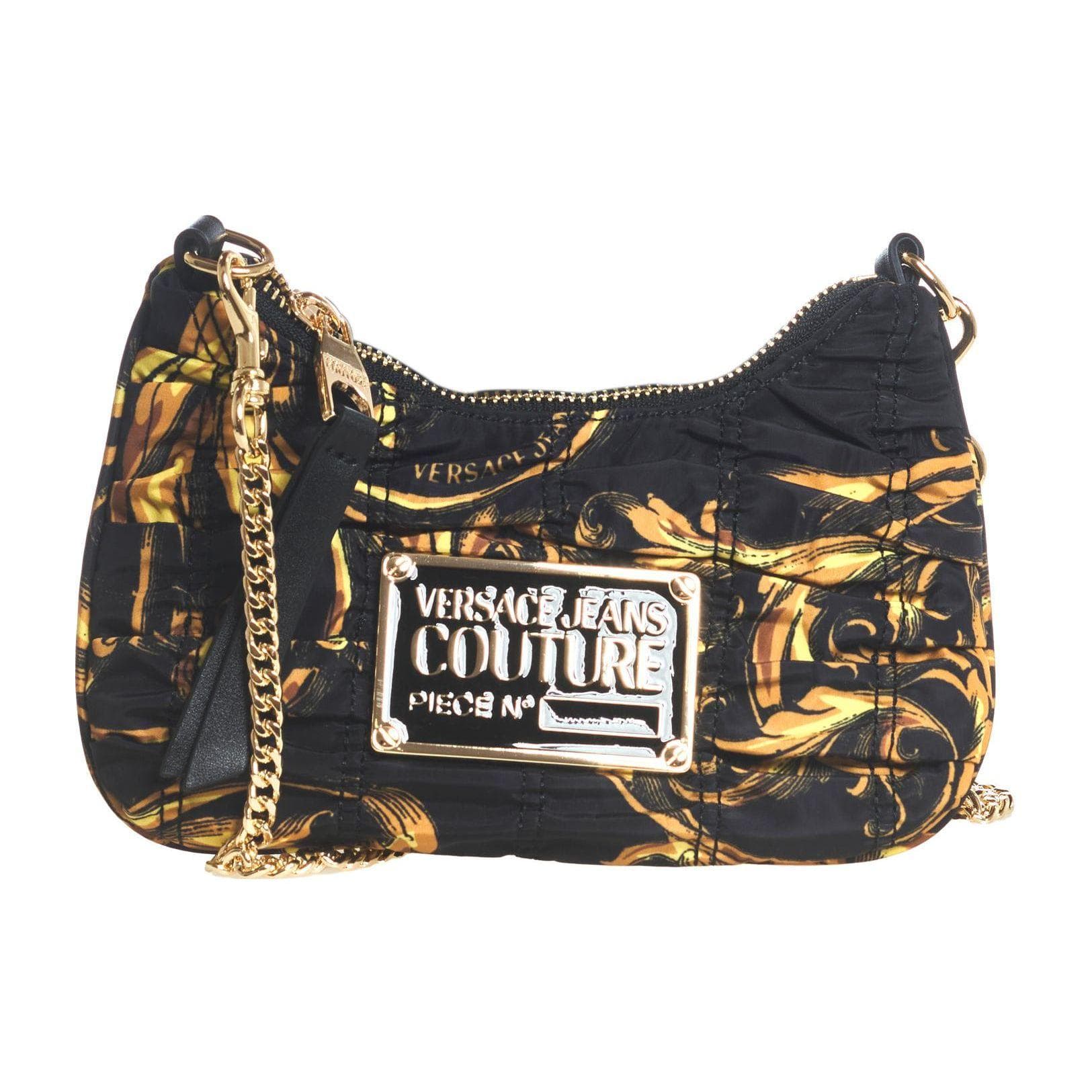Versace Jeans Couture Fashion Pleated Gold Logo Chain Strap Nylon Half Moon Crossbody Shoulder Bag Women bags Black 72VA4BX8-ZS226-G89 Basic Set (Bag+Dust Bag)
