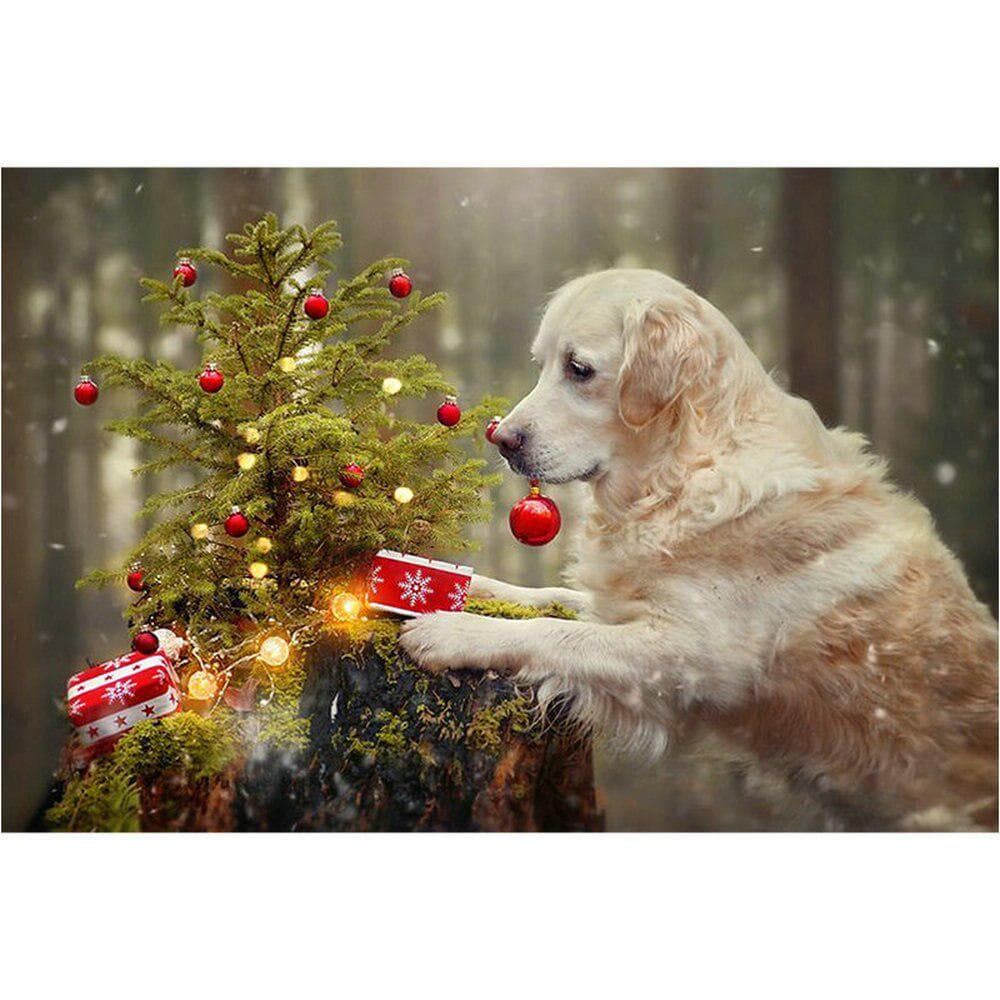 Diamond Painting Dog and Christmas Tree Landscape 5d Diamond Embroidery 20X30CM
