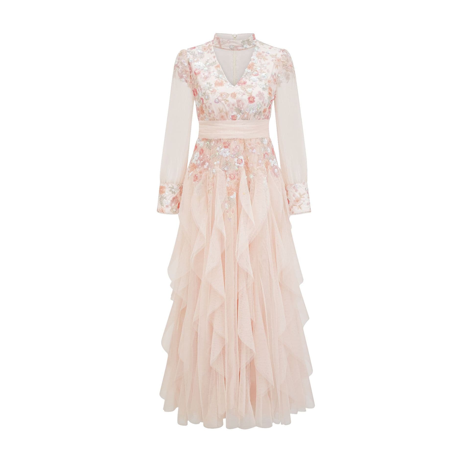 Dress Crew Neck Exquisite Flower High Waist Long Dress Annual Meeting Gala Banquet Dress Women's Clothing XL apricot