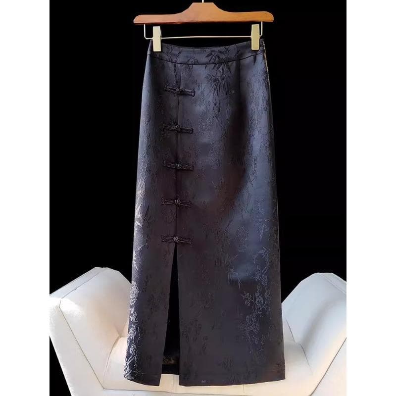 Black Modified New Chinese Style Chinese Style Buckle Hip Skirt Autumn and Winter New Retro Jacquard High Waist Slim Skirt for Women S