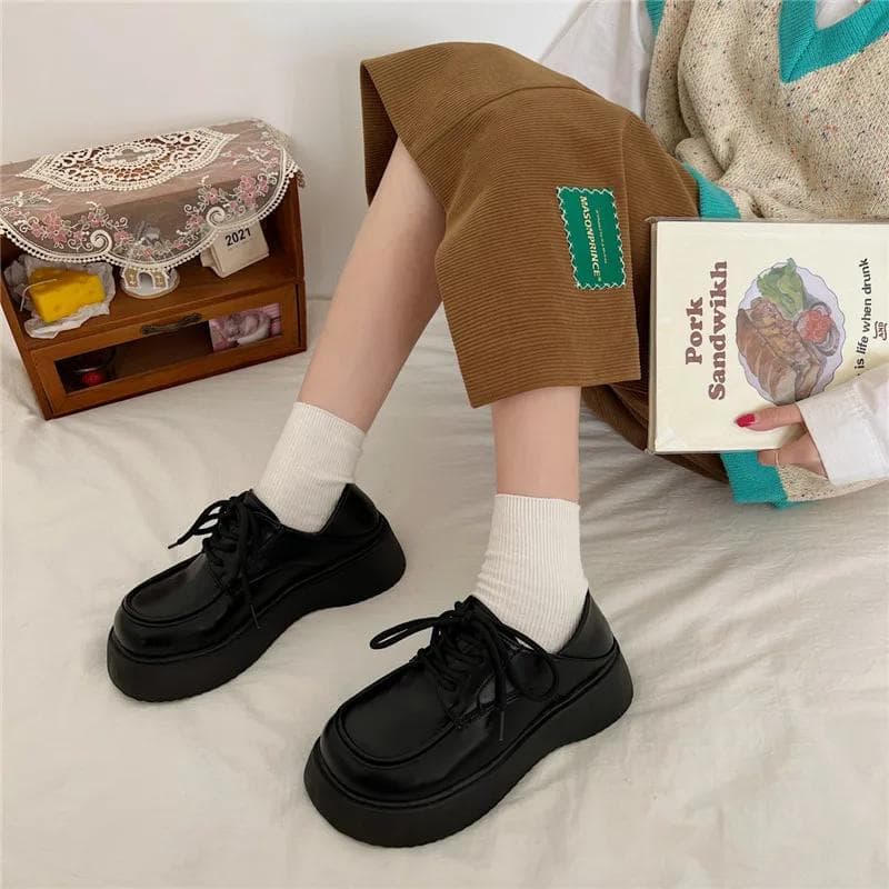 Vintage Leather Shoes Female British Style Platform Loafers Black Single-Layered Shoes jkMary Jane Shoes 35 black