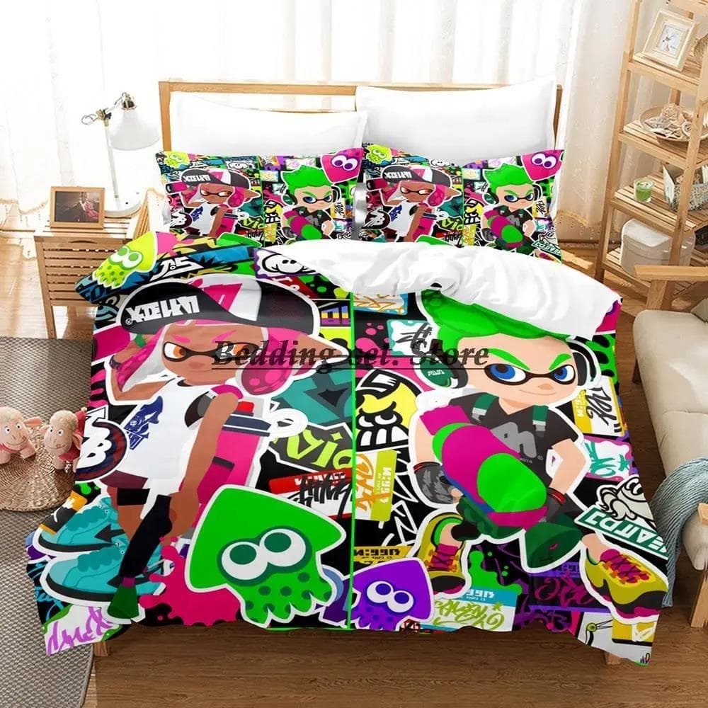 Splatoon 3 Inkling Squid Bedding Set Single Twin Full Queen King Size Bed Set Aldult Kid Bedroom Duvetcover Sets Bed Sheet Set US Full 200x230cm