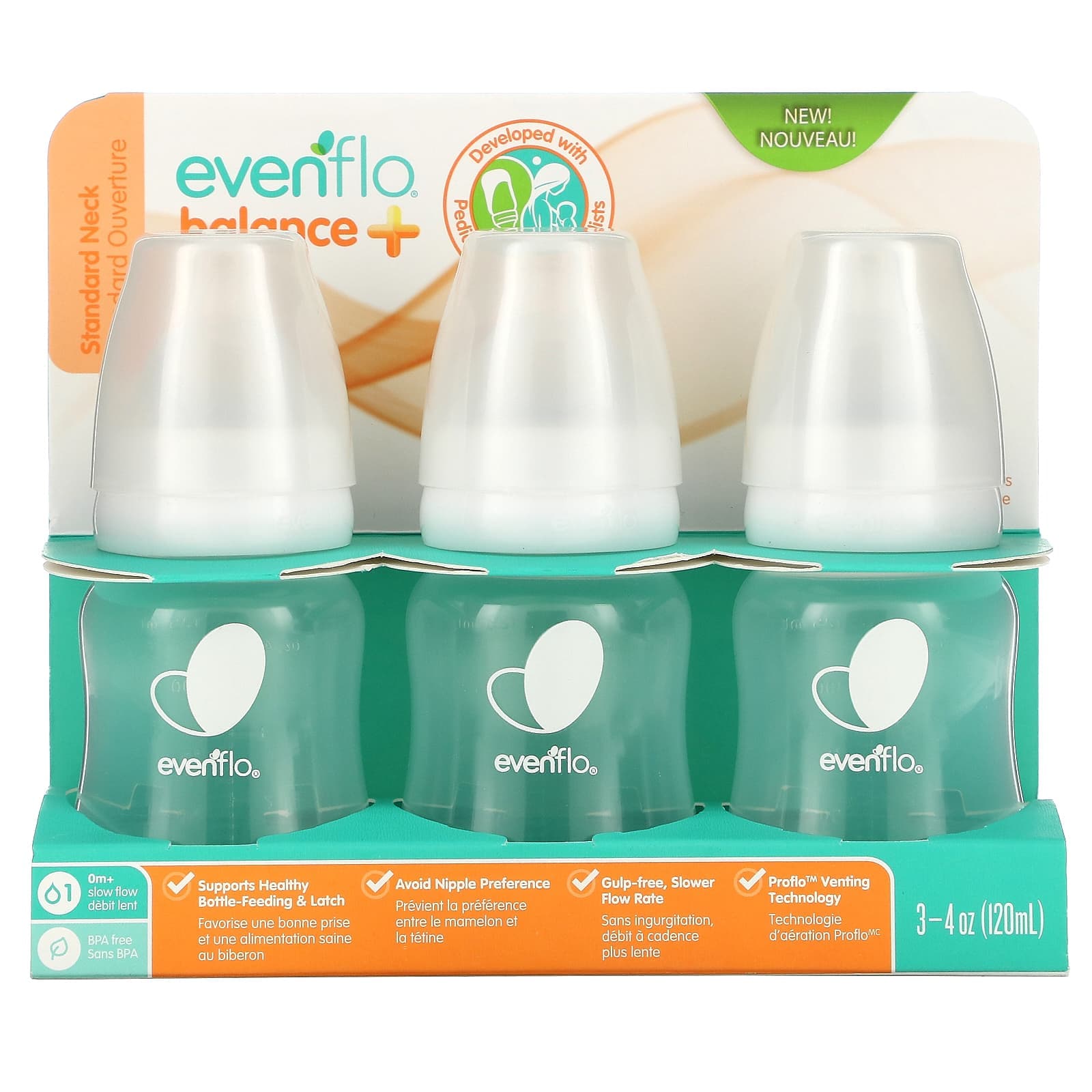Evenflo Feeding, Balance+ bottles, standard, ages 0 months and up, slow speed, 3 bottles, 120 ml (4 oz) each