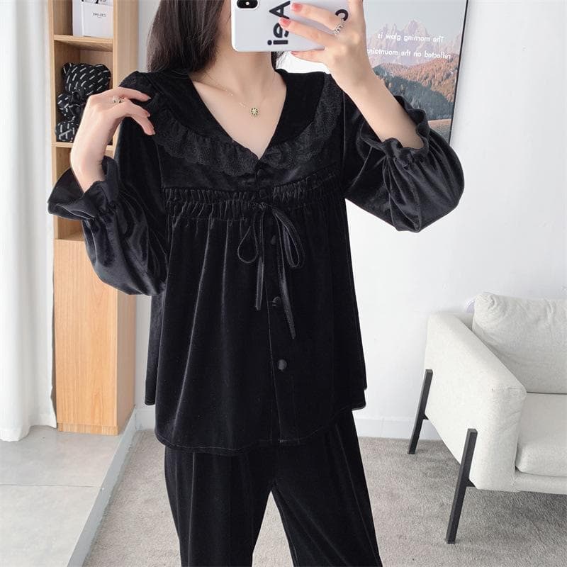 Velvet Lapel Long Sleeved Cardigan Pants Pajama Set Loose Fitting Casual Home Wear Women's Sexy Lace Edge Sleepwear Loungewear XL black