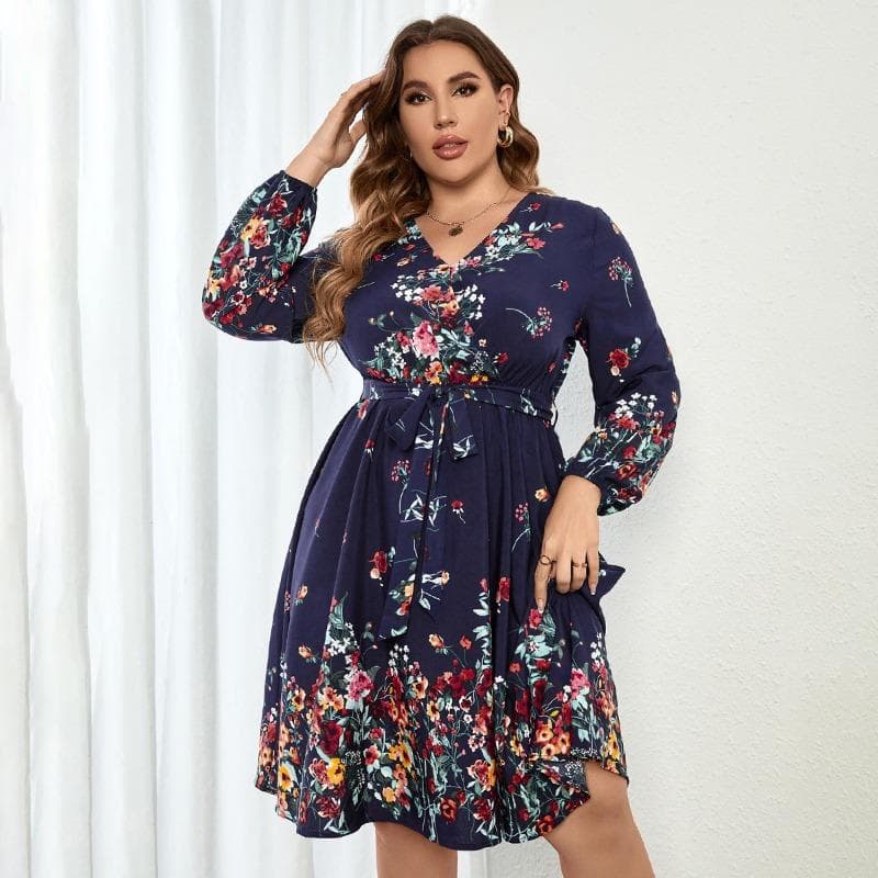 New Women’s V-neck Long Sleeve Floral Print Dress High Waist Slim Comfortable Breathable Dress Casual Fashion Plus Size Commute Dress 4XL dark blue