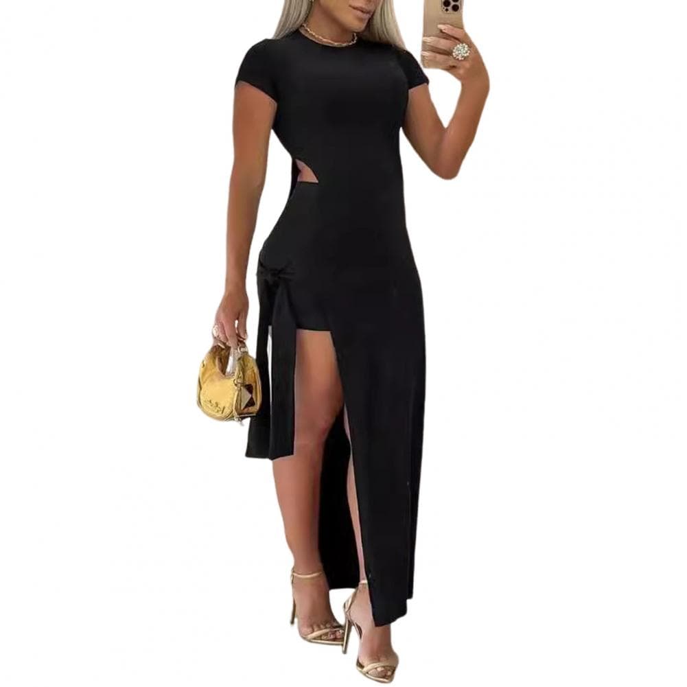 Women's Sexy Maxi Dress Set Short Sleeve Crew Neck Side Slit Bodycon Dress with Short Summer Wear Suit for Party Daily Clubs L black
