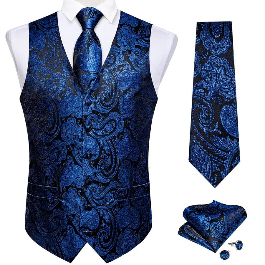 Dibangu Mens Yellow Paisley Vest Suit Waistcoat Hanky Cufflinks Tie Set Wedding S