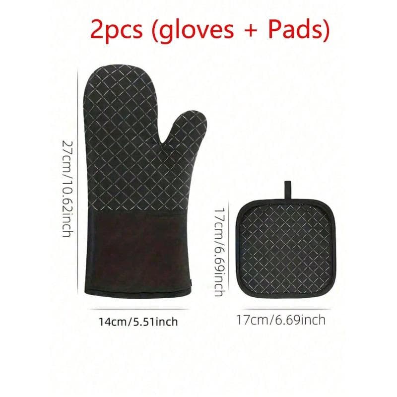 Silicone Heat Resistant Gloves With Insulation Pad - Non-Slip, Heat Resistant Up To 350°C, Suitable For Barbecue, Baking, Cooking, Grilling 2pcs (gloves + Pads) black
