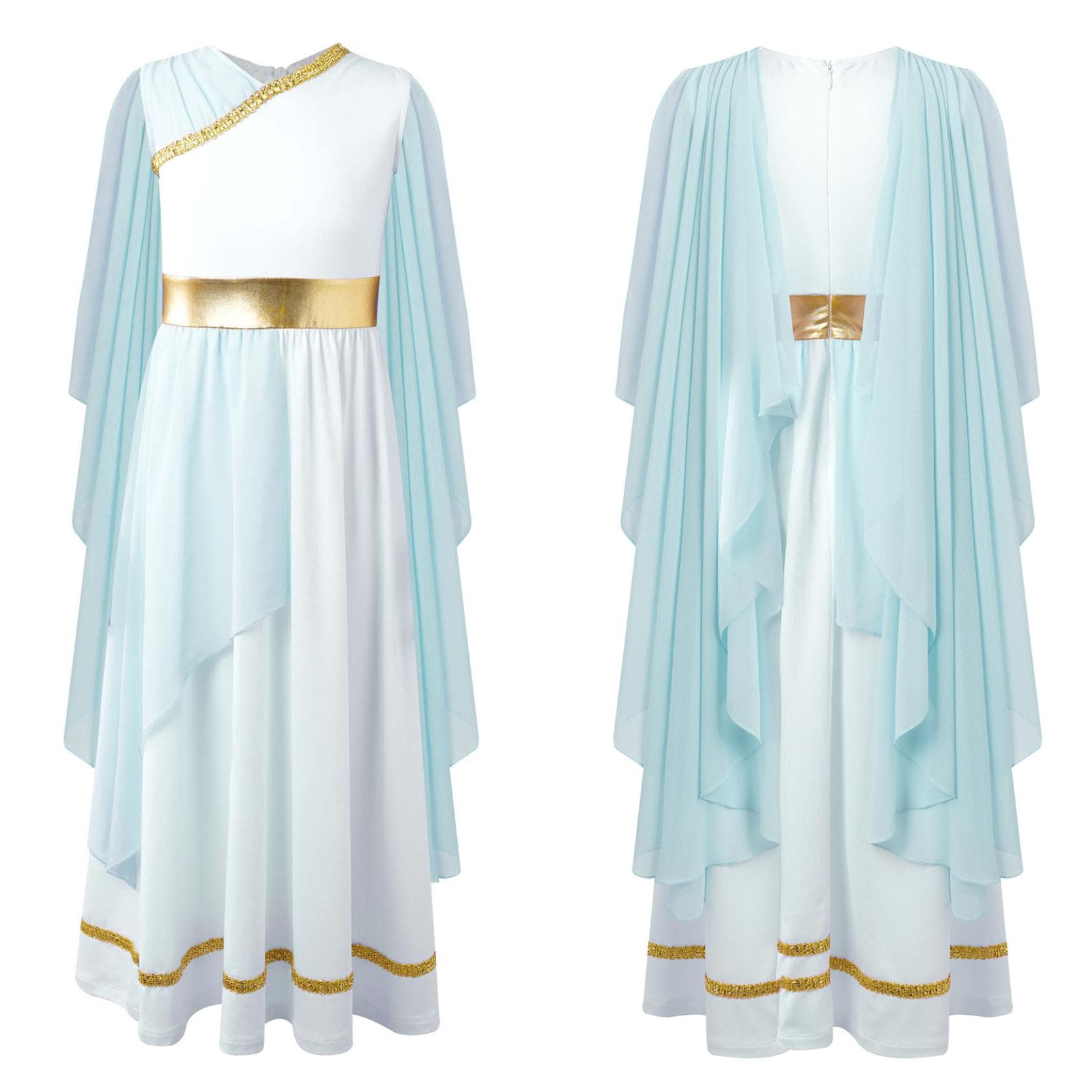 Kids Greek Costume Girls Roman Dress Ancient Greece Toga Gown Rome Princess Nobility Cosplay Fancy Dress Up 15-16 Years light blue