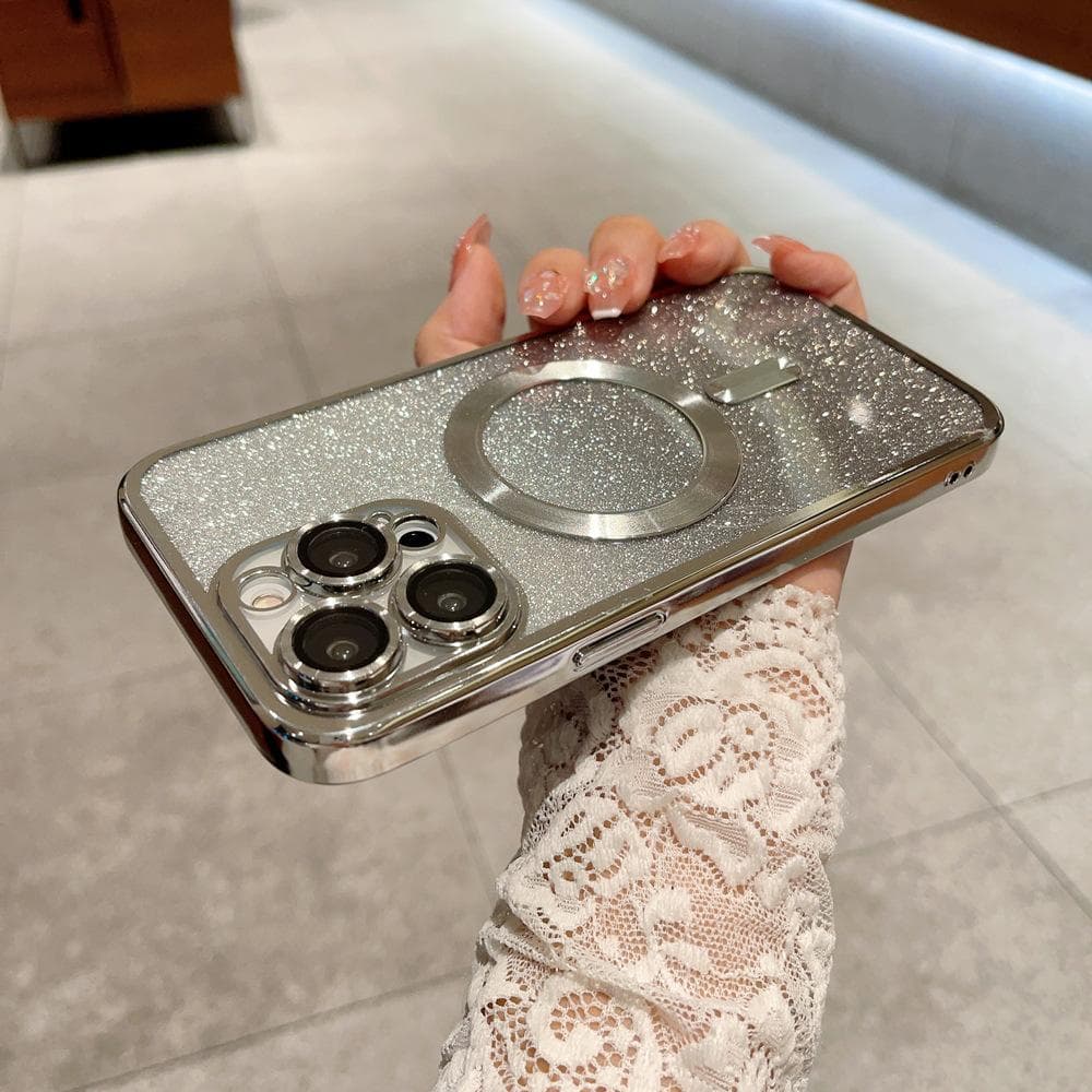 Suitable for IPhone16 Electroplated Magnetic Phone Case with Gradient 15proMax Glitter and Apple 14 Lens Film Protective Case iPhoneX/Xs silver