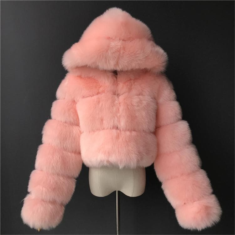 Women Fashion Winter Faux Fur Cropped Coat Fluffy Zip Hooded Warm Short Jacket Winter Top Fashion Women Mink Coats S