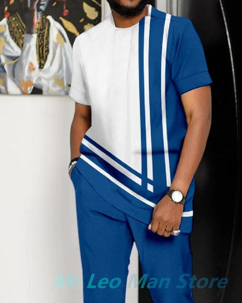 African Men's Set Summer Design Tracksuit Trousers 2 Piece 3D Printed Short Sleeve T Shirt+Long Pants Streetwear Male Clothing L