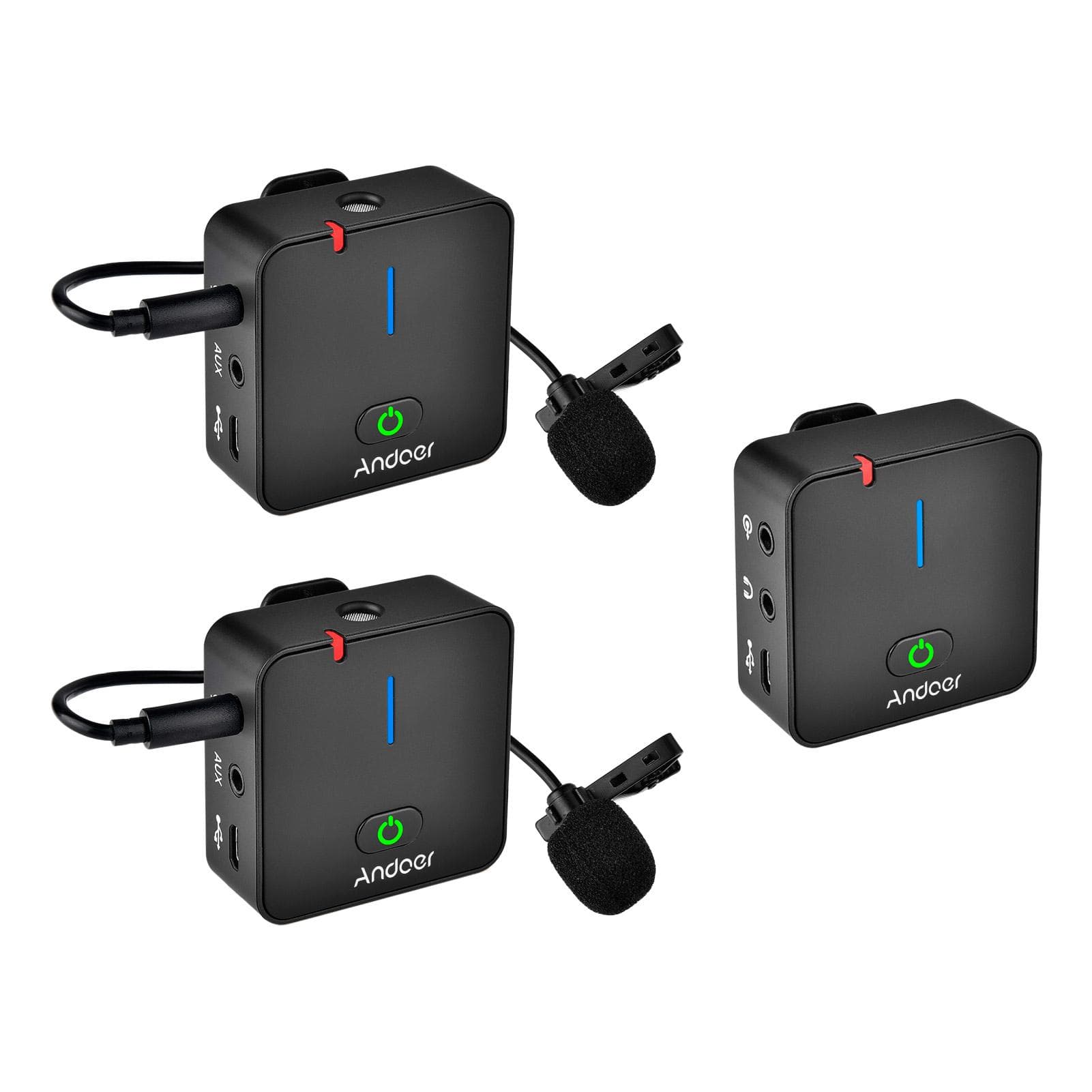 Andoer MX5 2.4G Wireless Recording Microphone System(1 Reveiver + 2 Transmitters) with Clip-on black