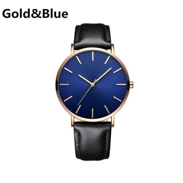 6.5mm Ultra Thin Waterproof Mens Watches Luxury Genuine Leather Casual Quartz Business Wrist Watch Gifts blue/gold