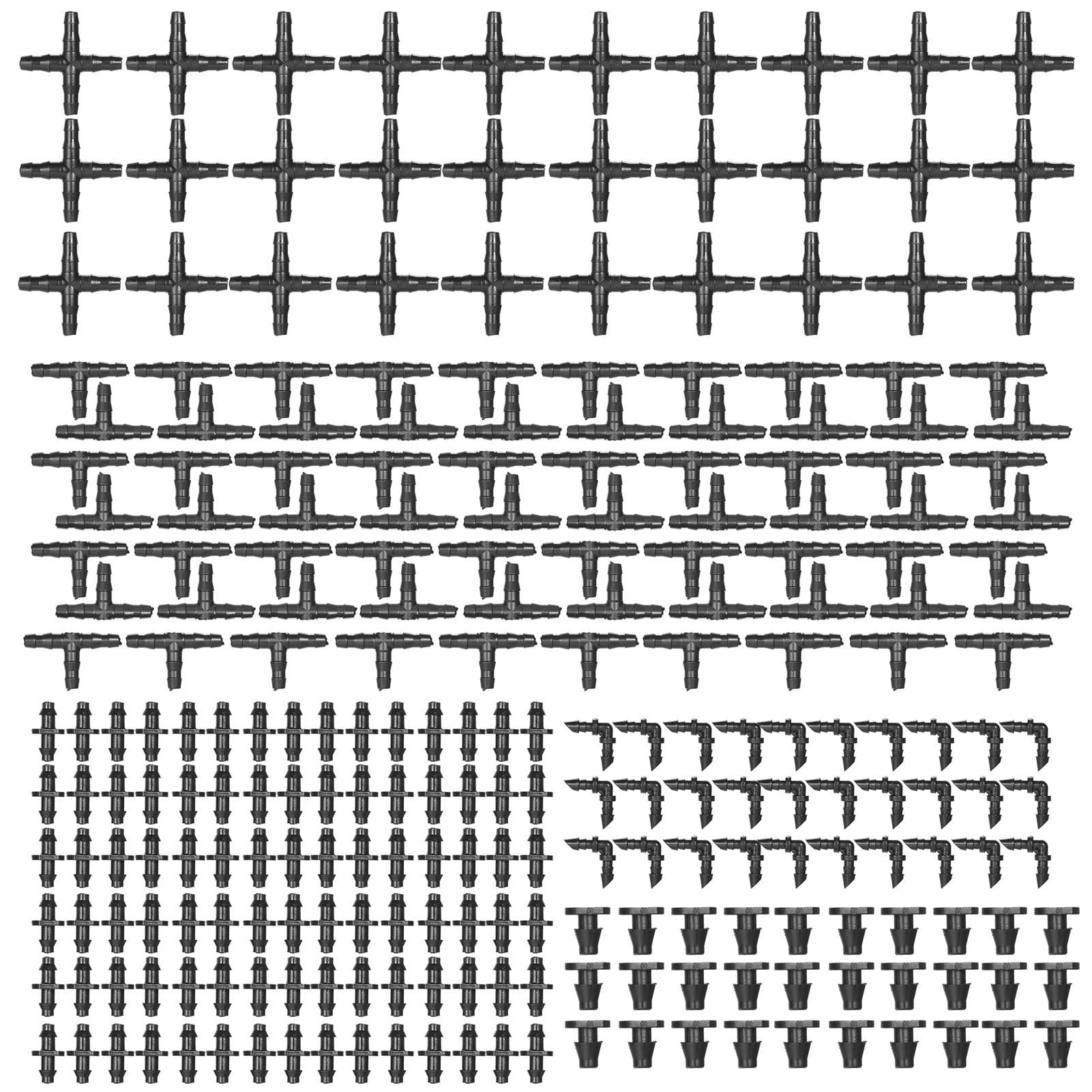 250 Pieces Irrigation Fitting Kit Drip Irrigation Barbed Connectors Compatible with 1/4 Inch Water 250pcs black