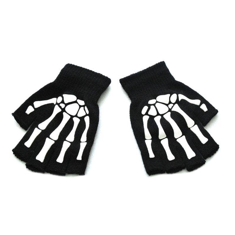 Unisex Adult Halloween Skeleton Skull Half Finger Gloves Luminous Winter Mittens A